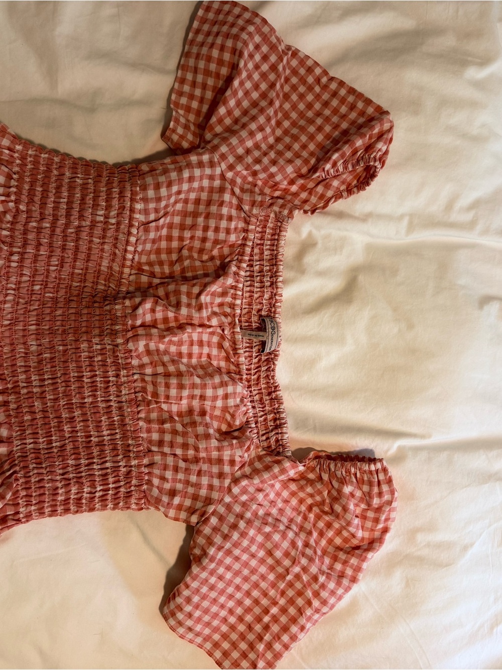 Gingham Puff Sleeve Top - Coral Pink